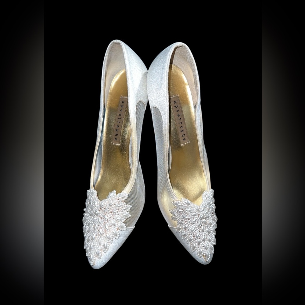 Vintage White Miranda Apostrophe Semi-shear heels with pearl appliqué.